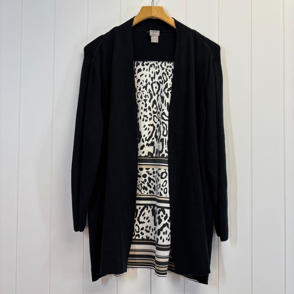 Chicos Quiet Luxury Animal Print Cardigan Women Size 3/XL Mob Wife Layering Chic